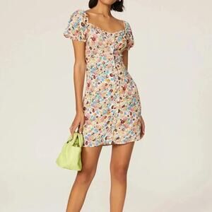 Daisy Floral Mini Dress Sweetheart Neck Puff Sleeve The Andamane Size S